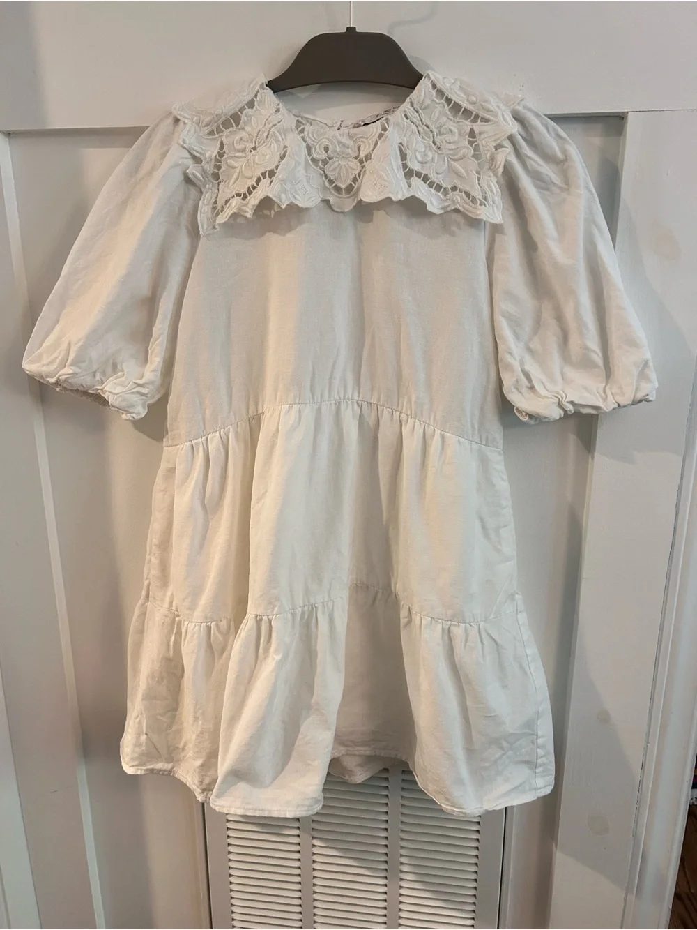 Sea Anita Puff Sleeve Dress Girls 10Yrs Cream Linen Round Neck Lace Back Button